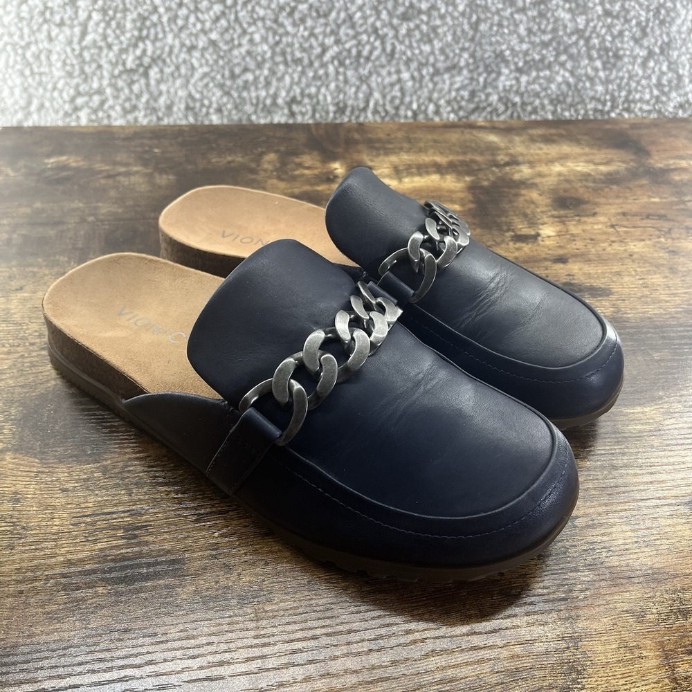 Vionic Georgie Mules Women's Size 9 Navy Slip On Chain Clog Comfort Casual